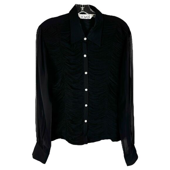 VTG Ravel Large Top Silk Semi Sheer Ruffled Gathered‎ Front Pearl Button Up 364 - Picture 1 of 6